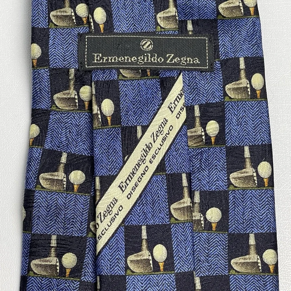 Ermenegildo Zegna 100% Silk Italy Seta Tie Golf Club Ball Blue Squares